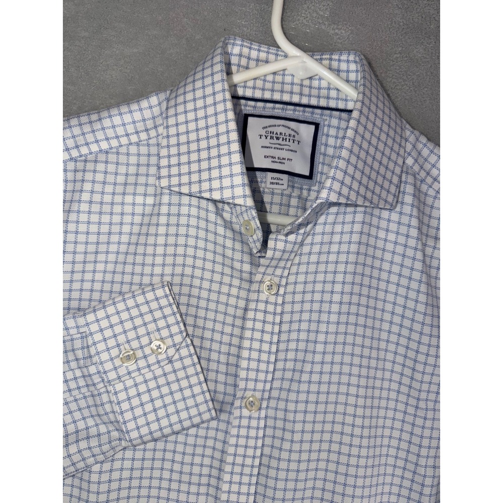 Charles Tyrwhitt Extra Slim Fit Dress Shirt 15X32 Blue White Grid Check Non-Iron